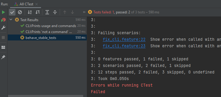 screenshot of behave and ctest integration in CLion